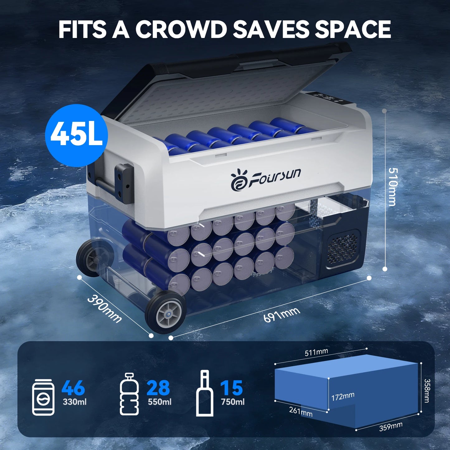Foursun 21L/25L/35L/45L/55L Car Fridge Freezer with Bluetooth App Control Portable Compressor Cooler for Camping, Travel, Home