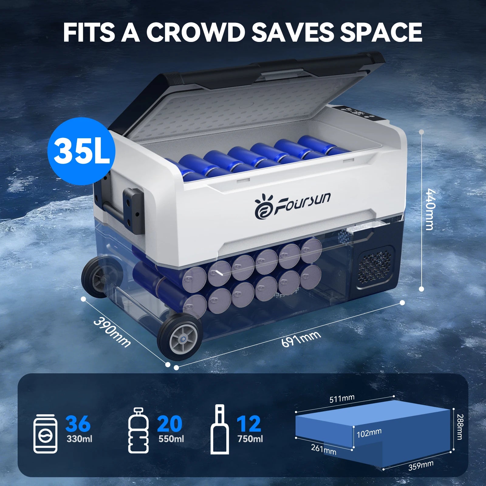Foursun 21L/25L/35L/45L/55L Car Fridge Freezer with Bluetooth App Control Portable Compressor Cooler for Camping, Travel, Home