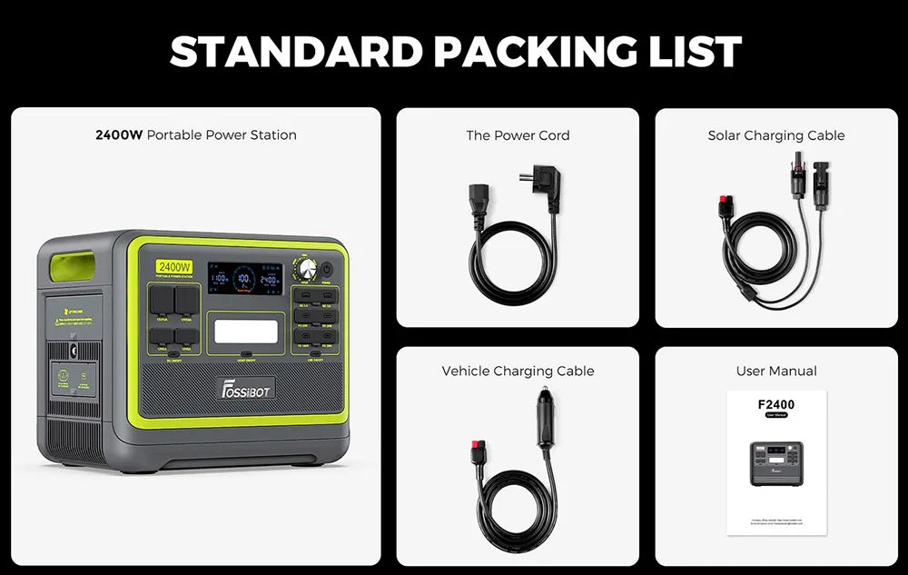 FOSSiBOT F2400 Portable Power Station, 2048Wh/640000mAh LiFePO4 Battery, 2400W(4600W Peak) Solar Generator, 3xAC RV Car USB Type-C QC3.0 PD DC5521 Pure Sine Wave Full Outlets, 1.5 Hours Fast Charging, MPPT Charge Controller B