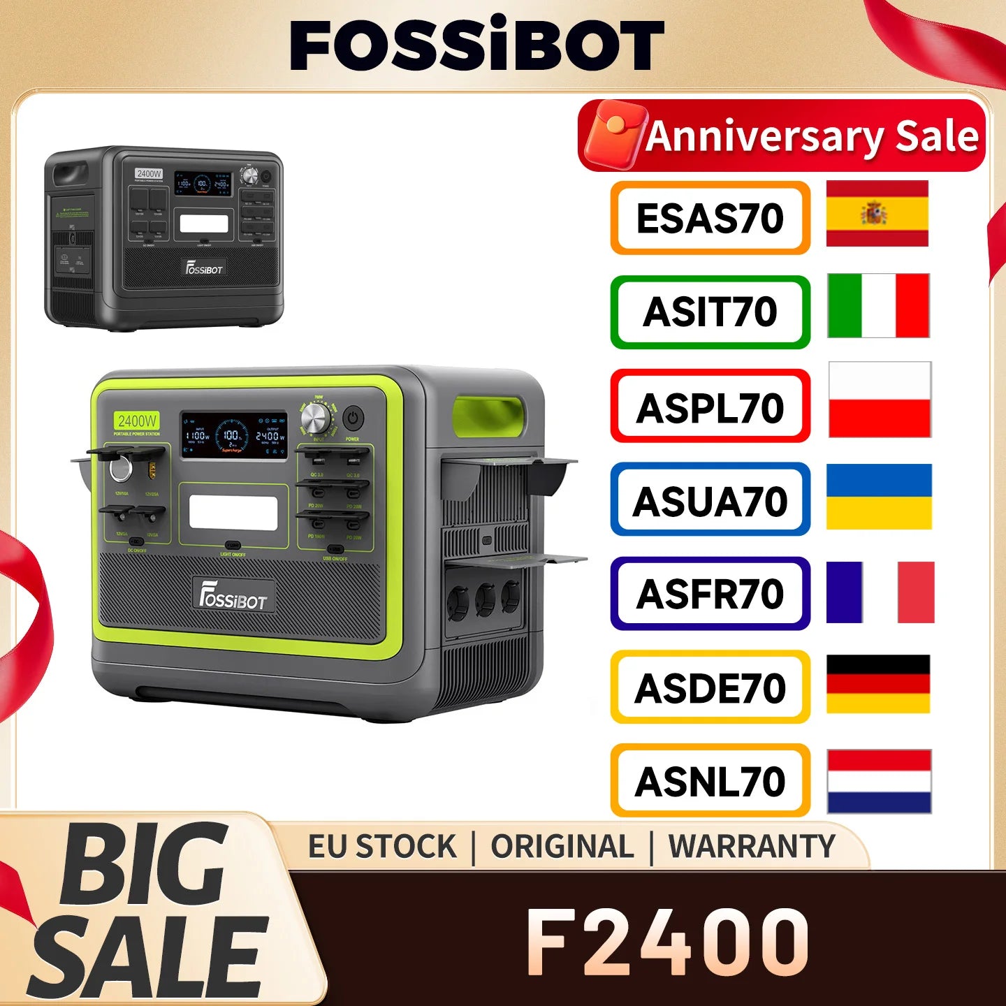 FOSSiBOT F2400 Portable Power Station, 2048Wh LiFePO4 Battery 2400W Output Solar Generator, 16 Output Ports, Bidirectional Inverter Technology, Intelligent Input Power Adjustment Knob, 3 Charging Methods