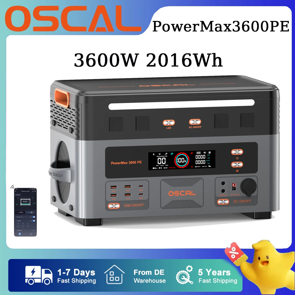 OSCAL 3600W Portable Power Station PowerMax 3600PE 2016Wh Solar Generator LiFePO4 Battery Smart App Control & Monitoring for RV