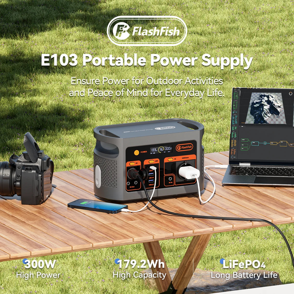 FF FlashFish E103 Portable Power Station 300W 179.2Wh LiFePO4 Battery Quick Charge 1.6H for Solar Panel AC DC Outdoor Power RV