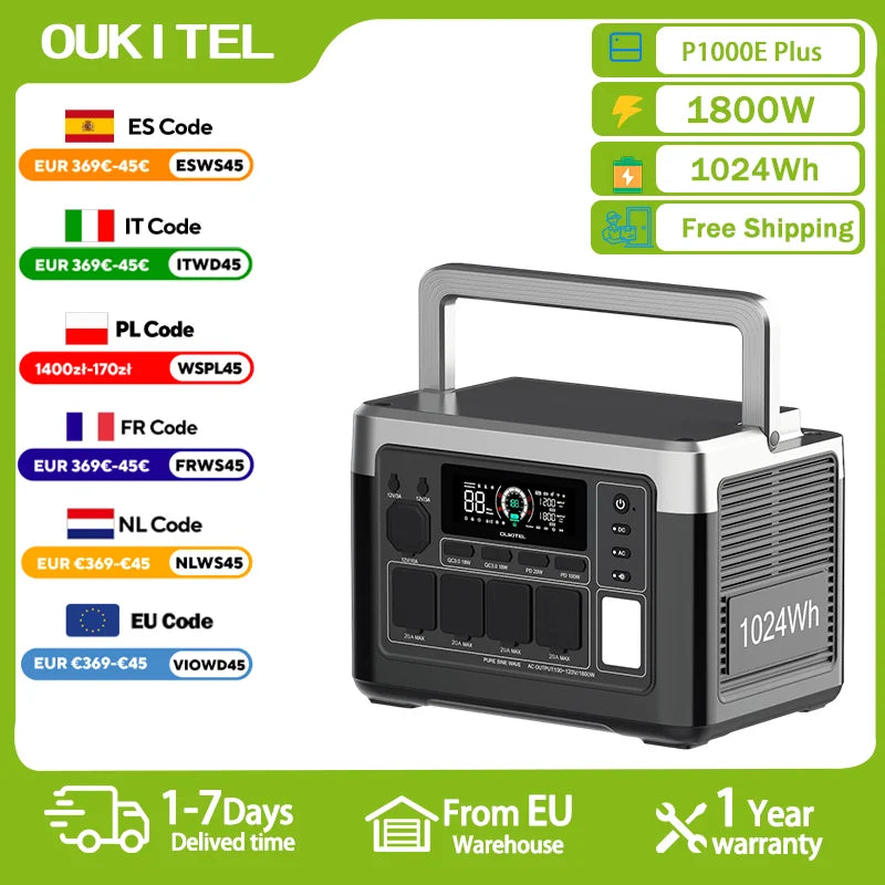 OUKITEL P1000 PLUS Portable Power Station 1800W Solar Generator 1024Wh Lifepo4 Battery Home Backup Outdoor Camping Mobile power