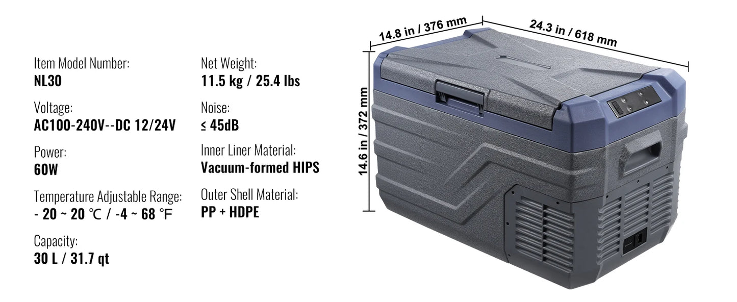 SucceBuy 30/37/45L Car Refrigerator Single Zone Portable Freezer&Built-in Light Compressor Cooler for Outdoor Camping RV