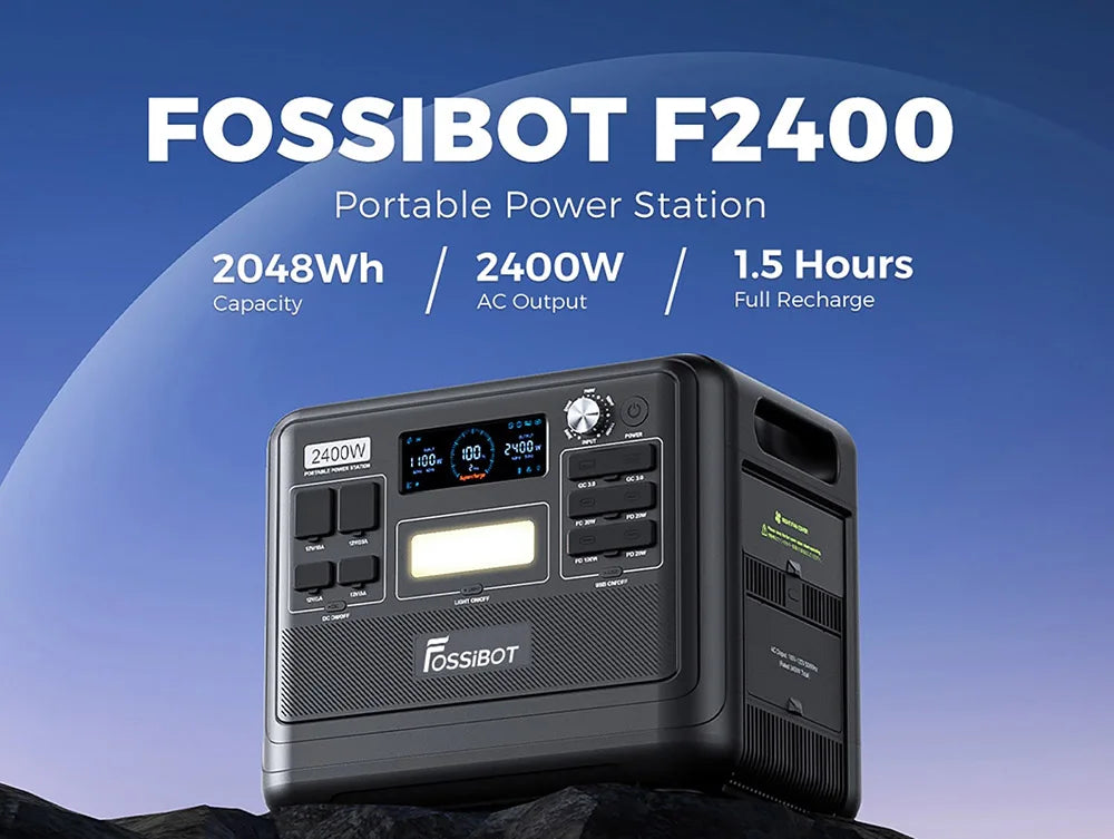 FOSSiBOT F2400 Portable Power Station, 2048Wh LiFePO4 Battery 2400W Output Solar Generator, 16 Output Ports, Bidirectional Inverter Technology, Intelligent Input Power Adjustment Knob, 3 Charging Methods