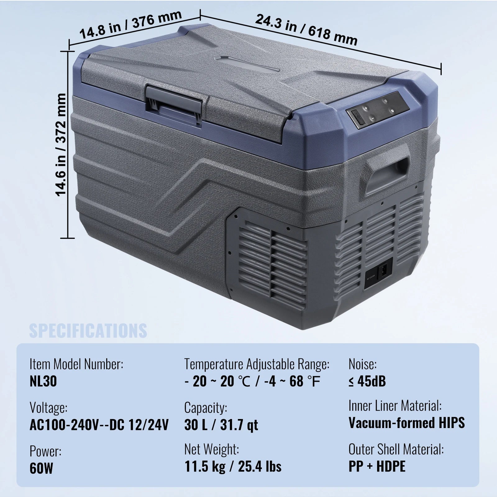 SucceBuy 30/37/45L Car Refrigerator Single Zone Portable Freezer&Built-in Light Compressor Cooler for Outdoor Camping RV