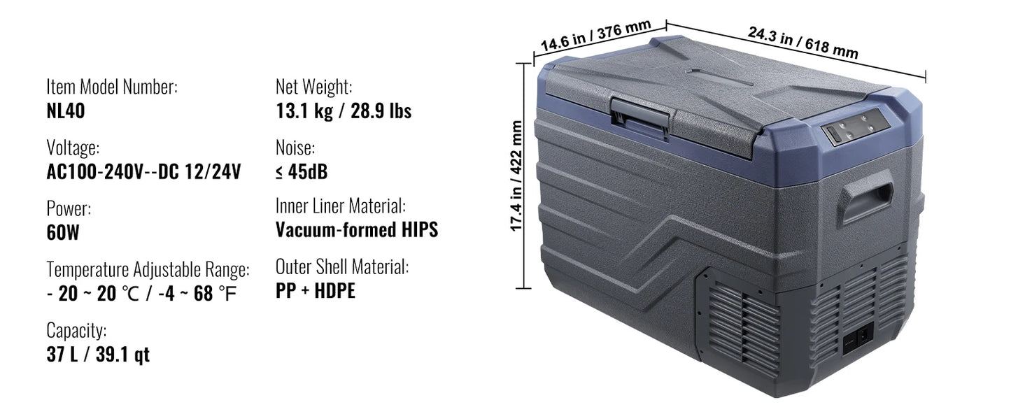 SucceBuy 30/37/45L Car Refrigerator Single Zone Portable Freezer&Built-in Light Compressor Cooler for Outdoor Camping RV