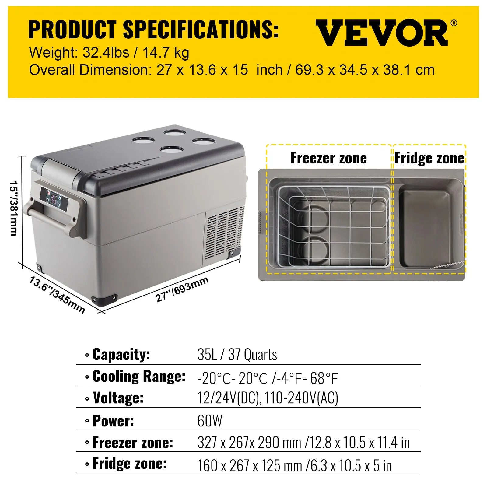 VEVOR 35L/45L/55L Car Fridge Freezer, Portable Compressor Cooler for Vehicles, Travel, Outdoor & Home Use