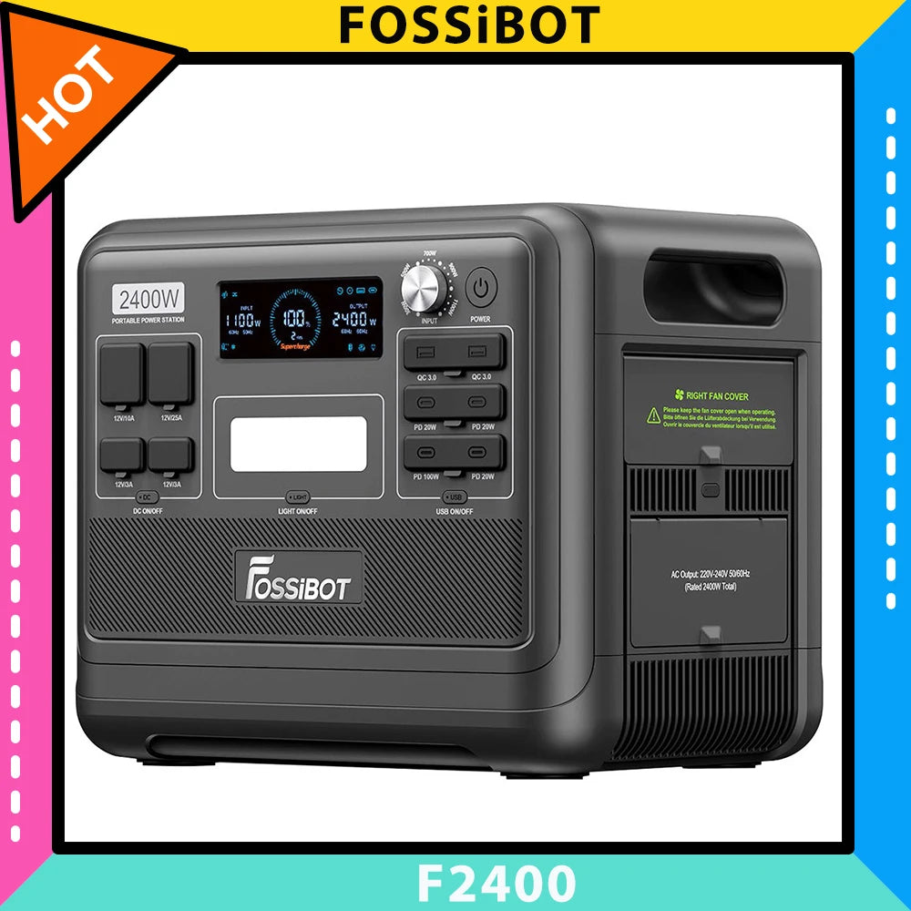 FOSSiBOT F2400 Portable Power Station, 2048Wh/640000mAh LiFePO4 Battery, 2400W(4600W Peak) Solar Generator, 3xAC RV Car USB Type-C QC3.0 PD DC5521 Pure Sine Wave Full Outlets, 1.5 Hours Fast Charging, MPPT Charge Controller B