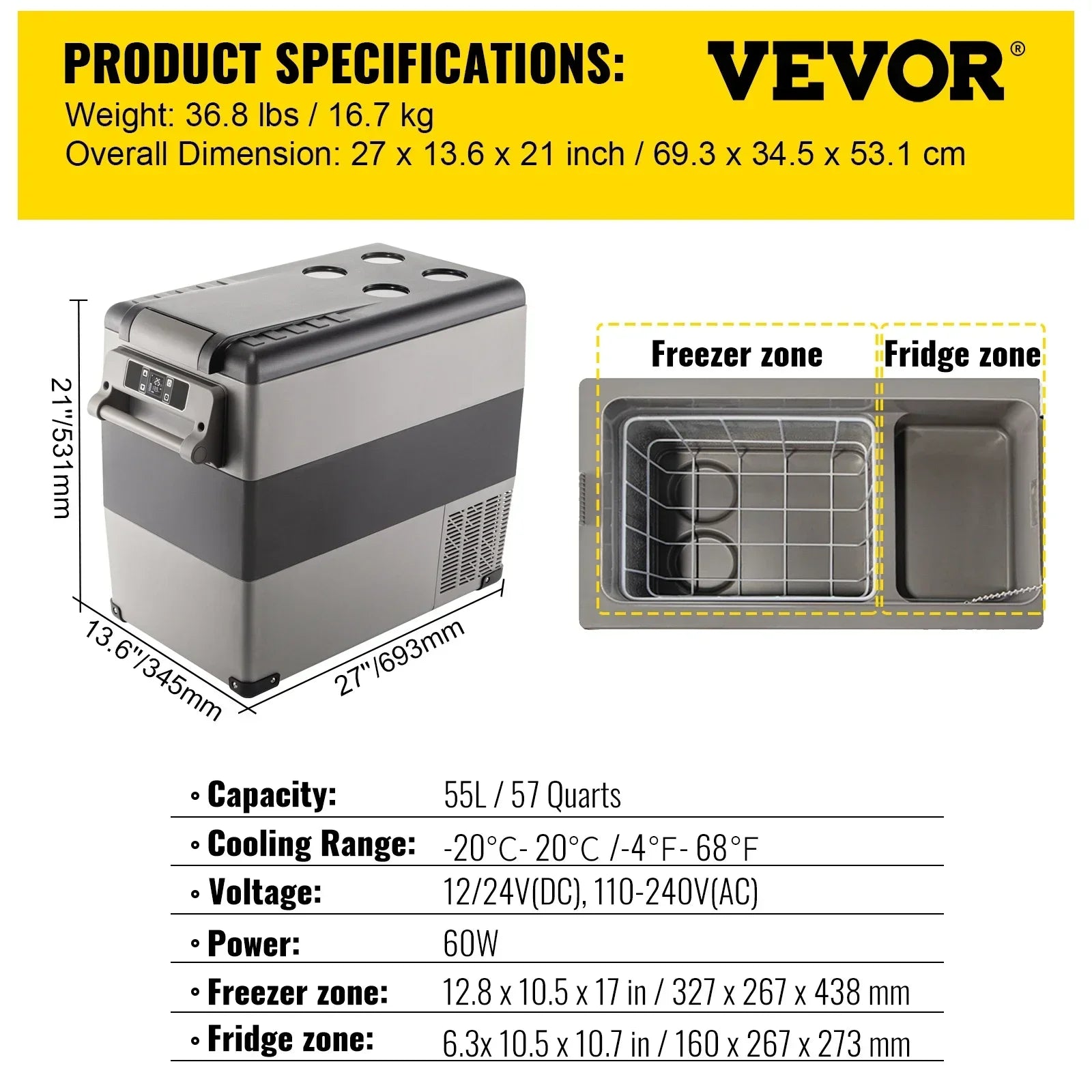 VEVOR  35L 45L 55L Car Refrigerator Mini Fridge Freezer Portable Compressor Cooler 12/24V DC 110-240V Ice Box for Camping