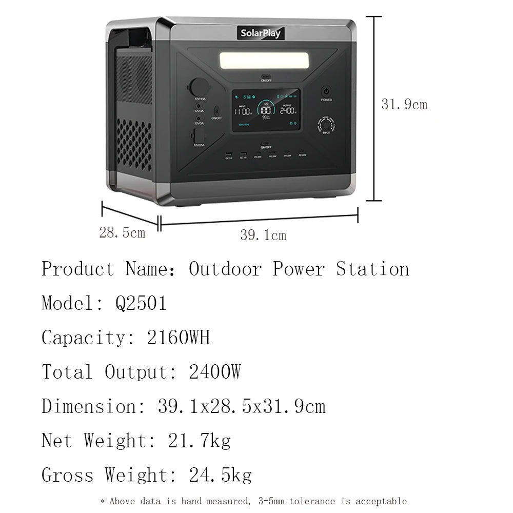 SOLARPLAY Q2501 Q2402M Portable Power Station 2160WH 2304WH LiFePO4 Battery with 2400W/2500W (4800W Peak) Solar Generator