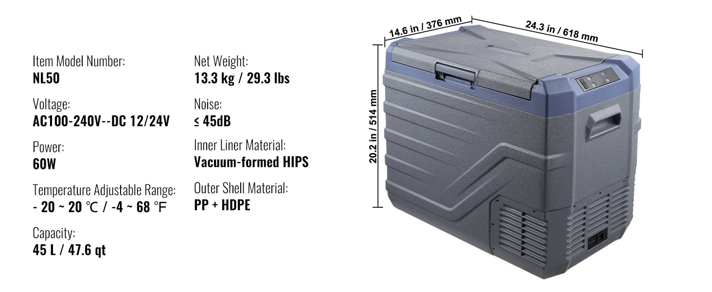 SucceBuy 30/37/45L Car Refrigerator Single Zone Portable Freezer&Built-in Light Compressor Cooler for Outdoor Camping RV