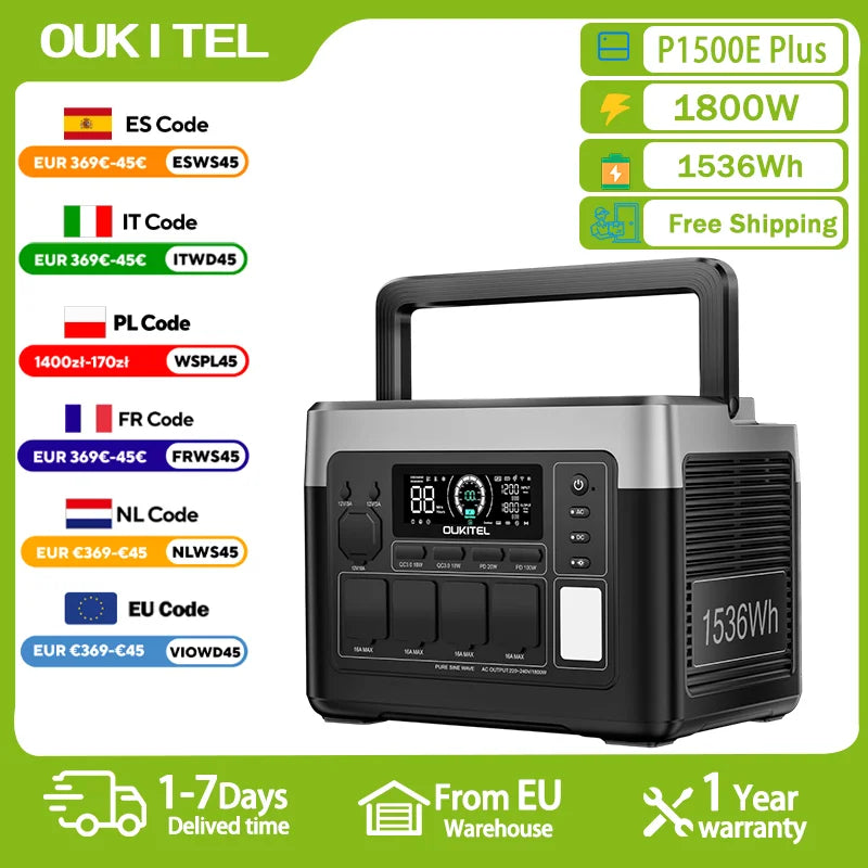 OUKITEL P1500 PLUS Portable Power Station 1800W Solar Generator 1536Wh Lifepo4 Battery Home Backup Outdoor Camping Mobile power