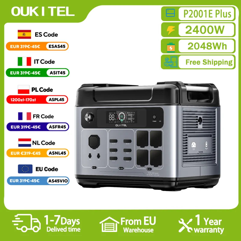 OUKITEL P2001E PLUS Portable Power Station 2400W Solar Generator 2048Wh Lifepo4 Battery Home Backup Outdoor Camping Mobile power