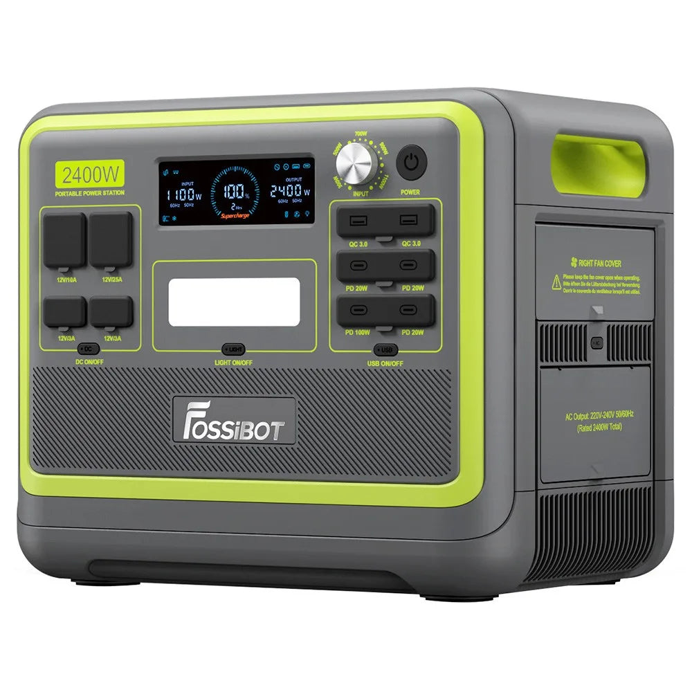 FOSSiBOT F2400 Portable Power Station, 2048Wh LiFePO4 Battery 2400W Output Solar Generator, 16 Output Ports, Bidirectional Inverter Technology, Intelligent Input Power Adjustment Knob, 3 Charging Methods