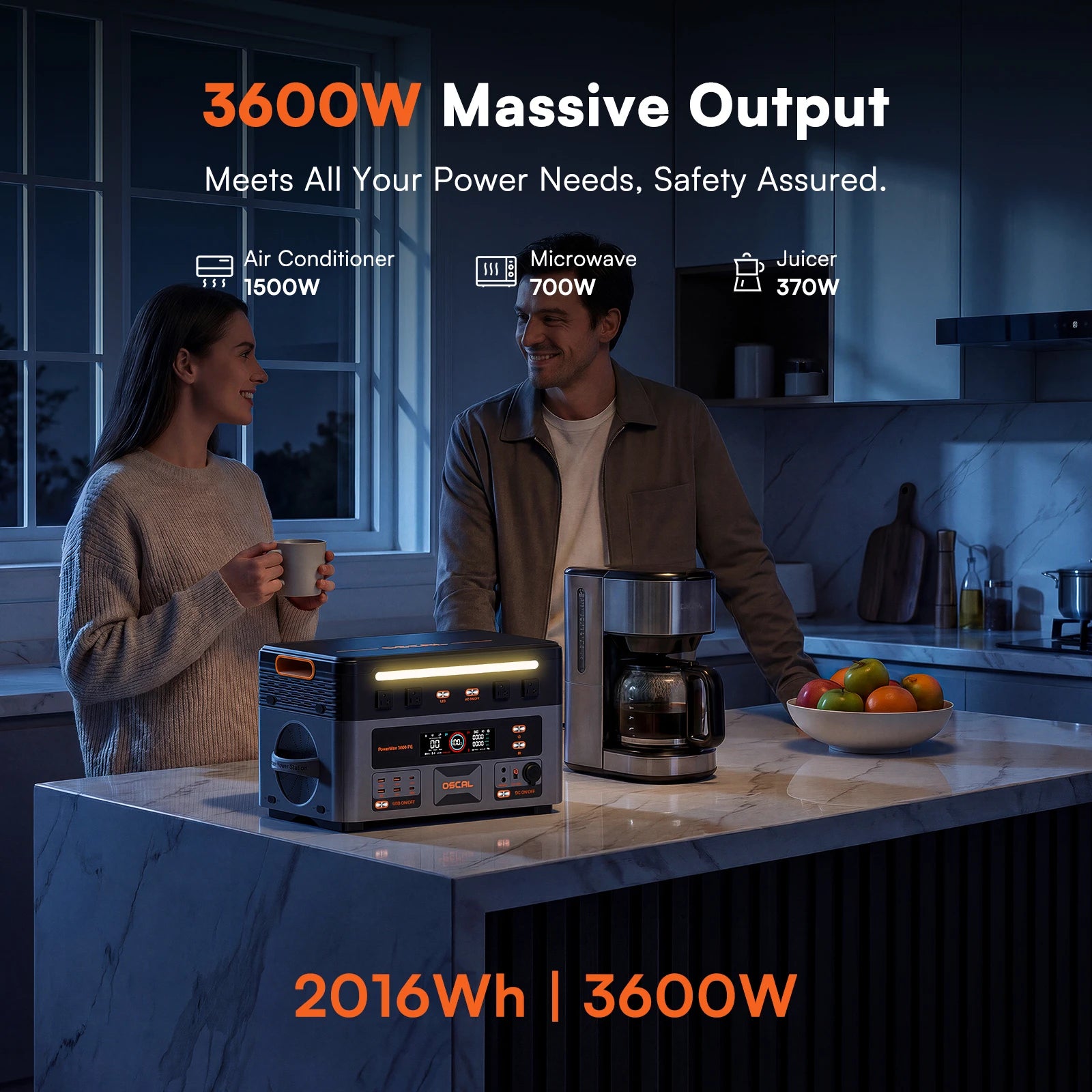 OSCAL 3600W Portable Power Station PowerMax 3600PE 2016Wh Solar Generator LiFePO4 Battery Smart App Control & Monitoring for RV