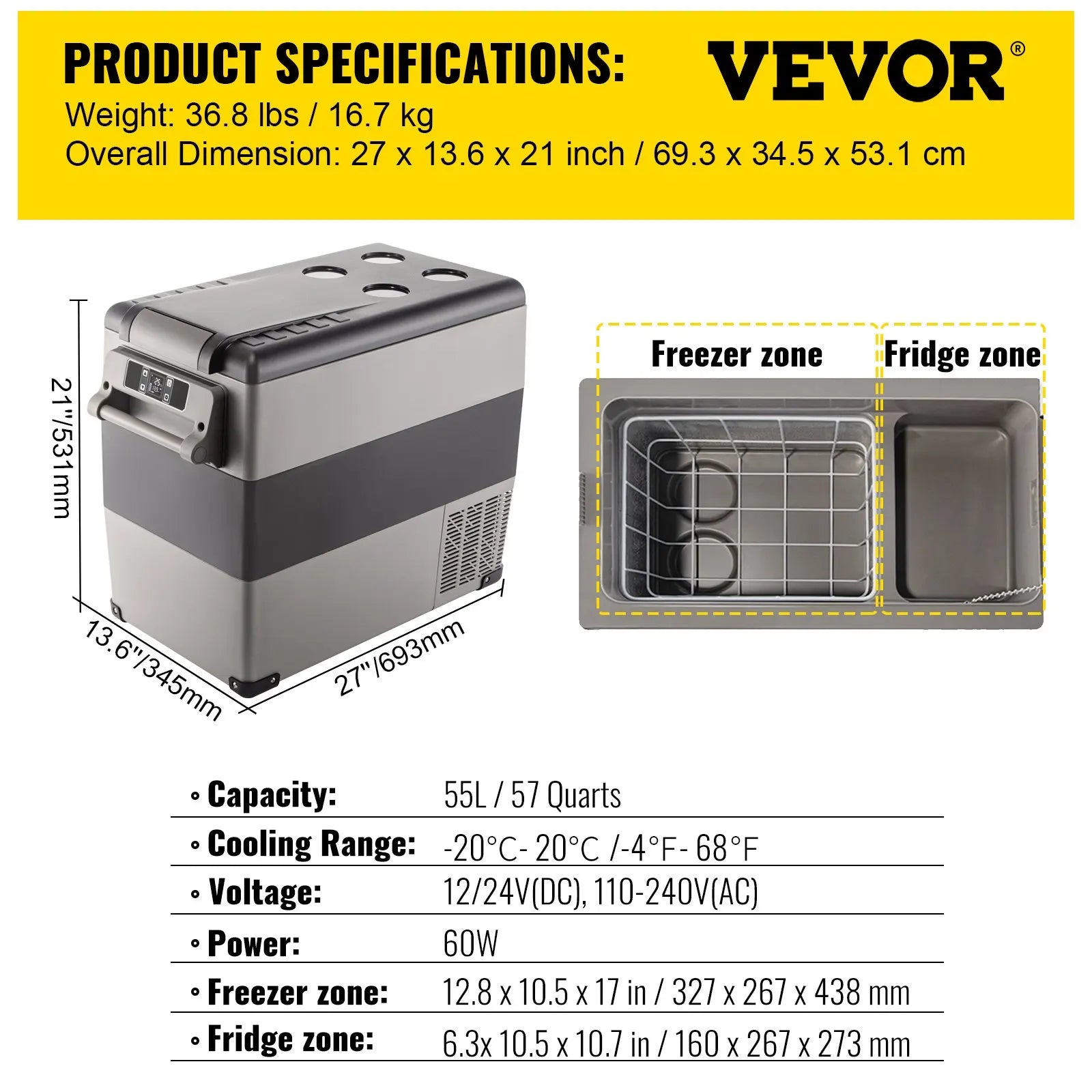 VEVOR 35L/45L/55L Car Fridge Freezer, Portable Compressor Cooler for Vehicles, Travel, Outdoor & Home Use