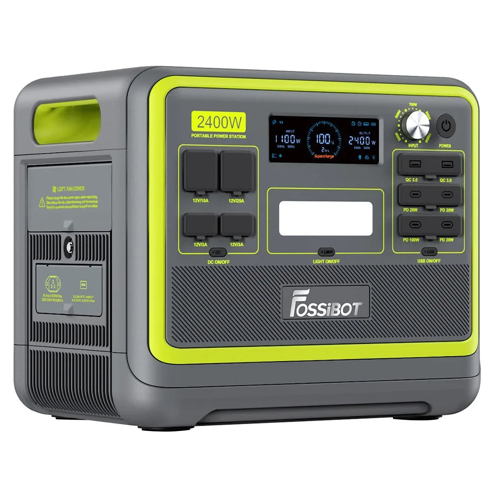 FOSSiBOT F2400 Portable Power Station, 2048Wh LiFePO4 Battery 2400W Output Solar Generator, 16 Output Ports, Intelligent Input Power Adjustment Knob, 3 Charging Methods, Bidirectional Inverter Technology