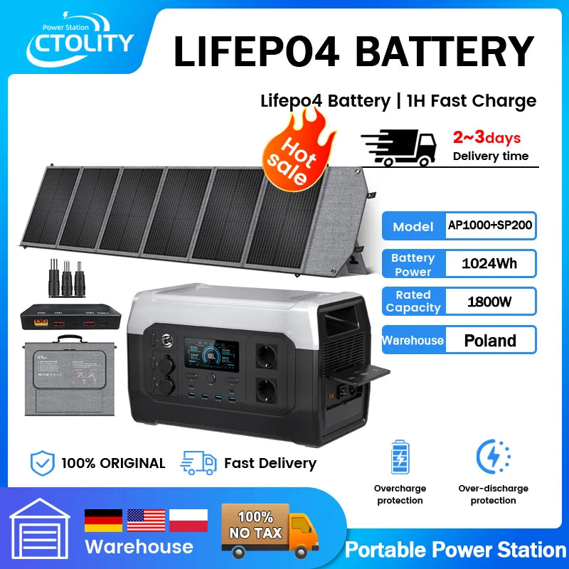1800w Portable Power Station with 200w Solar Panel 220V Pure Sinve Wave Lifepo4 Battery UPS Function портативная электростанция