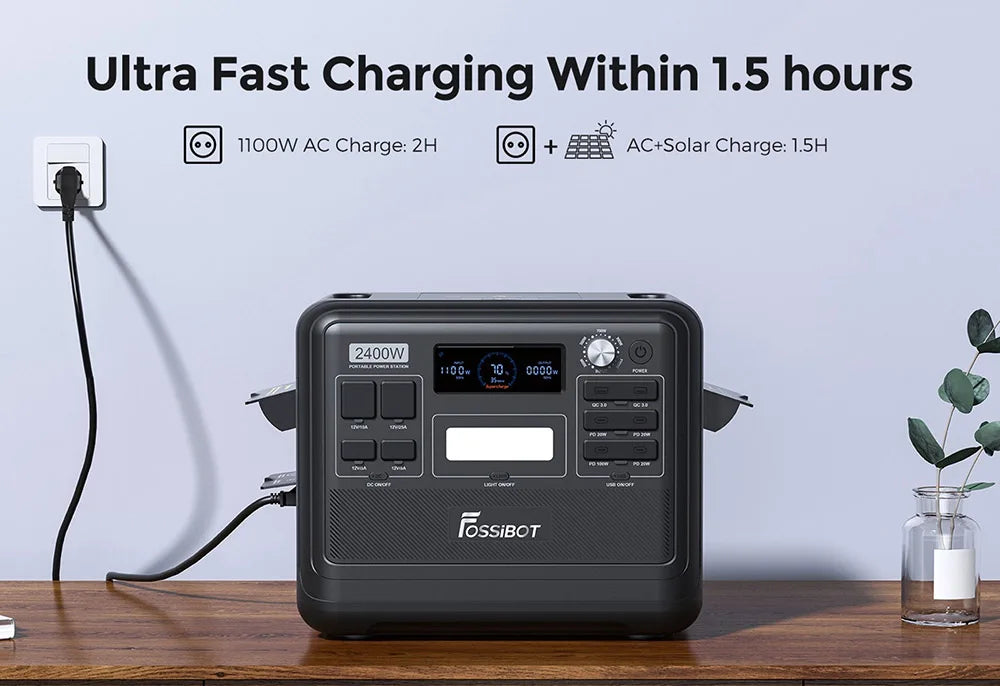 FOSSiBOT F2400 Portable Power Station, 2048Wh LiFePO4 Battery 2400W Output Solar Generator, 16 Output Ports, Bidirectional Inverter Technology, Intelligent Input Power Adjustment Knob, 3 Charging Methods