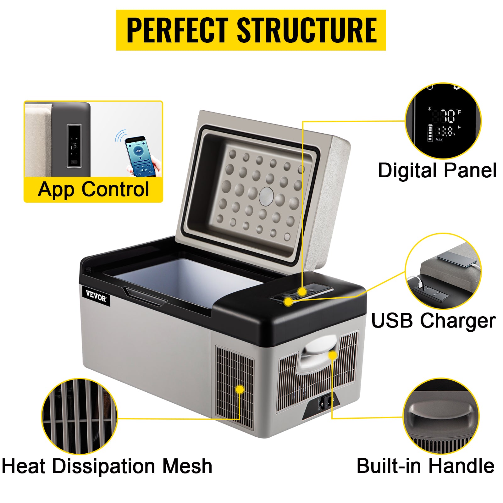 VEVOR 15L/20L Car Freezer Fridge, Portable Compressor Cooler with App Control for Camping, Travel, Outdoor & Home